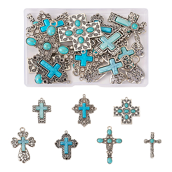 Pandahall 14Pcs 7 Styles Synthetic Turquoise Big Pendants, with Antique Silver Tone Alloy Findings, Religion Cross Charm, 39.5~70x25.5~45x6mm, Hole: 2~3mm, about 2pcs/style