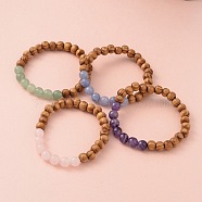 Round Wood Beaded Stretch Bracelets, with Natural Gemstone Beads, 61mm(BJEW-JB02135)