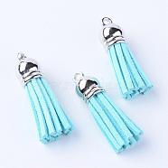 Faux Suede Tassel Pendant Decorations, with CCB Plastic Cord Ends, Platinum, Sky Blue, 35~37x10mm, Hole: 1.8mm(FIND-T002-A30)