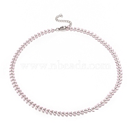 Enamel Wheat Link Chain Necklace, 304 Stainless Steel Jewelry for Women, Stainless Steel Color, Pink, 16.5 inch(41.8cm)(NJEW-P220-02P-03)