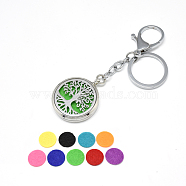 Iron Diffuser Locket Keychain, with Alloy Findings, 304 Stainless Steel Findings and Random Single Color Non-Woven Fabric Cabochons Inside, Magnetic, Flat Round with Tree of Life, Random Single Color, 110mm(KEYC-Q082-26)