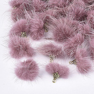 Faux Mink Fur Tassel Pendant Decorations, with Antique Golden Alloy Findings, Pale Violet Red, 20~30x28~30mm, Hole: 1.8mm(FIND-TAG0001-13)
