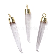 Natural Quartz Crystal Brass Pendants, Rock Crystal, Cadmium Free & Lead Free, Bullet Shaped, Light Gold, 33~37x4~5mm, Hole: 2mm(G-B025-02LG-04)
