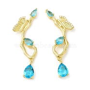 Sky Blue Cubic Zirconia Butterfly with Teardrop Dangle Sutd Earring, Brass Jewelry for Women, Cadmium Free & Nickel Free & Lead Free, Real 18K Gold Plated, 42x18mm, Pin: 0.8mm(EJEW-H092-02G)