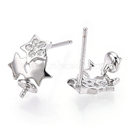 925 Sterling Silver Stud Earring Findings Micro Pave Cubic Zirconia, for Half Drilled Beads, with S925 Stamp, Star, Real Platinum Plated, 10.5x8.5x1mm, Pin: 0.7×11mm(STER-T007-22P)