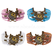 4Pcs 4 Colors PU Leather Cord Multi-strand Bracelets Set, Sunflower & Butterfly Alloy Links Bracelets for Women, Mixed Color, 7-1/4 inch(18.5cm), 1Pc/color(BJEW-FI0001-06)
