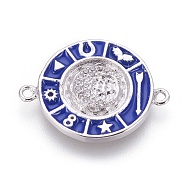 Brass Enamel Links connectors, with Micro Pave Cubic Zirconia, Flat Round with Moon, Blue, Platinum, 18x23x2.5mm, Hole: 1.5mm(KK-o113-11A-P)