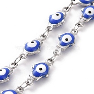 Enamel Hamsa Hand with Evil Eye Link Chains, with 304 Stainless Steel Findings, Stainless Steel Color, Unwelded, with Spool, Royal Blue, 11.5x5.5x3.5mm(CHS-G023-01P-03)