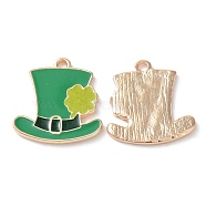 Alloy Pendants, with Enamel, Light Gold, Hat with Clover Charms, for Saint Patrick's Day, Medium Sea Green, 22.5x21.5x2mm, Hole: 2mm(ENAM-L045-03KCG)