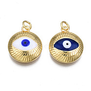 Brass Enamel Pendants, with Jump Rings, Cadmium Free & Nickel Free & Lead Free, Real 16K Gold Plated, Light Gold, Flat Round with Eye, Mixed Color, 18.5x16x6mm, Jump Ring: 5x1mm, 3mm inner diameter(KK-Q283-015-NR)