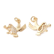 Rack Plating Brass Micro Pave Cubic Zirconia Charms, Bird with Rose Charm, Cadmium Free & Lead Free, Long-Lasting Plated, with Jump Ring, Real 18K Gold Plated, 14x13x2.5mm, Hole: 0.5mm(KK-G452-12G)
