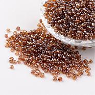 Round Glass Seed Beads, Trans. Colours Lustered, Dark Goldenrod, Size: about 3mm in diameter, hole: 1mm, about 1097pcs/50g(X-SEED-A006-3mm-102C)