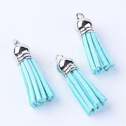 Faux Suede Tassel Pendant Decorations, with CCB Plastic Cord Ends, Platinum, Sky Blue, 35~37x10mm, Hole: 2.5~3mm(FIND-T002-A30)