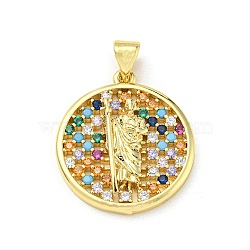 Brass with Cubic Zirconia Pendant, Round, Colorful, 22x20x3.7mm, Hole: 5x3.5mm(FIND-Z023-09B-01)