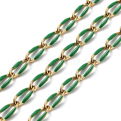 304 Stainless Steel Handmade Beaded Chain, with Enamel, with Spool, Soldered, Real 18K Gold Plated, Oval, Green, 9x4x1mm, about 16.40 Feet(5m)/Roll(CHS-K019-02G-03)