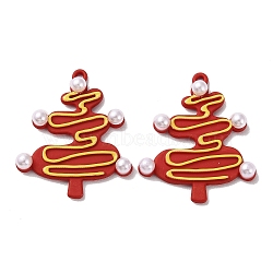 Spray Painted Alloy Pendants, with ABS Plastic Imitation Pearl Beads, Christmas Tree, FireBrick, 30x25x2~4.5mm, Hole: 1.4mm(PALLOY-M215-13B-02)