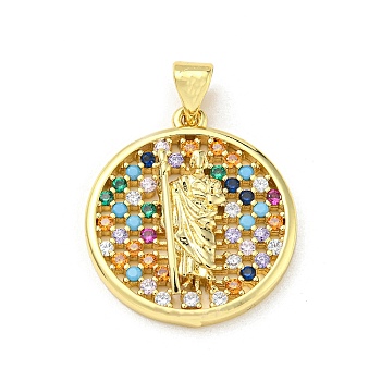 Brass with Cubic Zirconia Pendant, Round, Colorful, 22x20x3.7mm, Hole: 5x3.5mm