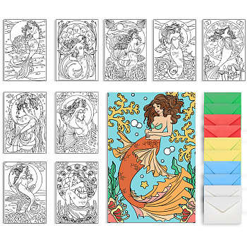 1 Set Coloring Paper Greeting Cards Sets, Marine Animal Theme, Rectangle, with 10Pcs Kraft Paper Envelopes, Mermaid, 110~203.2x152.4~160x0.5mm