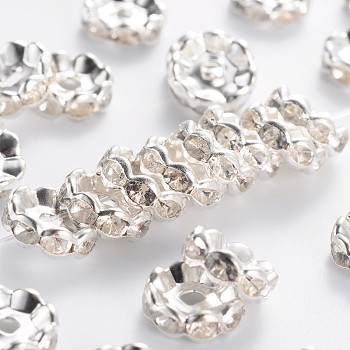 Brass Rhinestone Spacer Beads, Grade B, Clear, Silver Color Plated, Size: about 10mm in diameter, 4mm thick, hole: 2mm