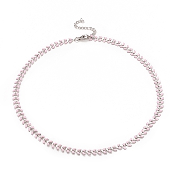 Enamel Wheat Link Chain Necklace, 304 Stainless Steel Jewelry for Women, Stainless Steel Color, Pink, 16.5 inch(41.8cm)