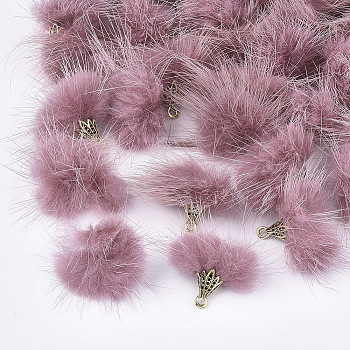 Faux Mink Fur Tassel Pendant Decorations, with Antique Golden Alloy Findings, Pale Violet Red, 20~30x28~30mm, Hole: 1.8mm
