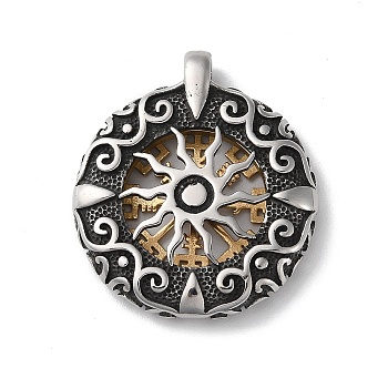 Ion Plating(IP) 304 Stainless Steel Pendants, Flat Round with Hollow Sun & Vegvisir, Antique Silver & Golden, 39x34.5x7mm, Hole: 4x4mm