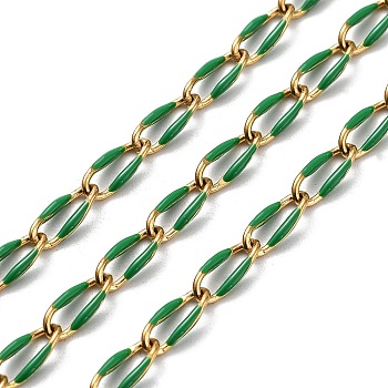 304 Stainless Steel Handmade Beaded Chain, with Enamel, with Spool, Soldered, Real 18K Gold Plated, Oval, Green, 9x4x1mm, about 16.40 Feet(5m)/Roll