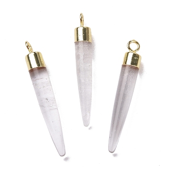 Natural Quartz Crystal Brass Pendants, Rock Crystal, Cadmium Free & Lead Free, Bullet Shaped, Light Gold, 33~37x4~5mm, Hole: 2mm