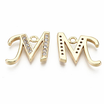 Brass Micro Pave Clear Cubic Zirconia Pendants, Nickel Free, Real 18K Gold Plated, Word, Letter.M, 12.5x16x2mm, Hole: 1.5mm