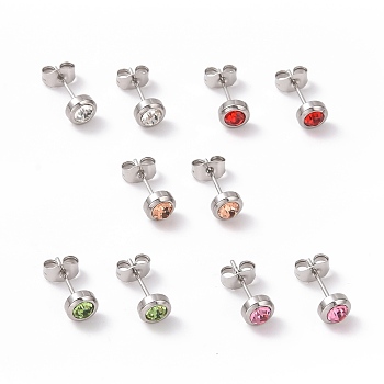 Rhinestone Column Stud Earrings, Stainless Steel Color Plated 304 Stainless Steel Jewelry for Women, Mixed Color, 15x6mm, Pin: 0.8mm