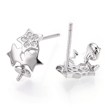 925 Sterling Silver Stud Earring Findings Micro Pave Cubic Zirconia, for Half Drilled Beads, with S925 Stamp, Star, Real Platinum Plated, 10.5x8.5x1mm, Pin: 0.7×11mm