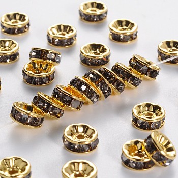 Brass Grade A Rhinestone Spacer Beads, Golden Plated, Rondelle, Nickel Free, Black Diamond, 5x2.5mm, Hole: 1mm