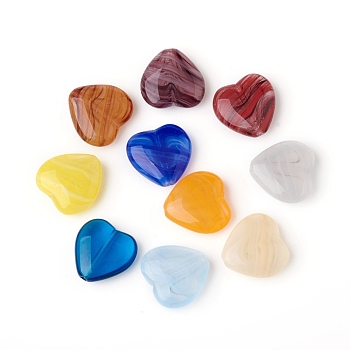 Czech Glass Beads, Heart with Strip Pattern, Mixed Color, 15~16x15~16x5~6mm, Hole: 1mm, about 60pcs/bag