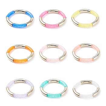 9Pcs 9 Color Candy Color Acrylic Curved Tube Chunky Stretch Bracelets Set for Women, Mixed Color, Inner Diameter: 2 inch(5.2cm), 1Pc/color