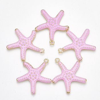 Spray Painted Alloy Pendants, Starfish/Sea Stars, Light Gold, Pink, 29x27x3mm, Hole: 2mm