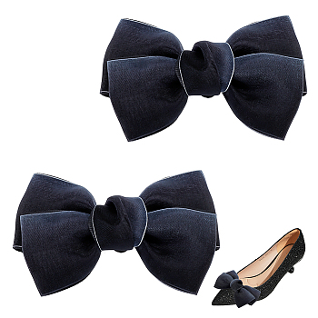 Polyester Bowknot Shoe Decorations, Detachable Shoe Buckle Clips, with Iron Findings, Black, 59x101x18mm