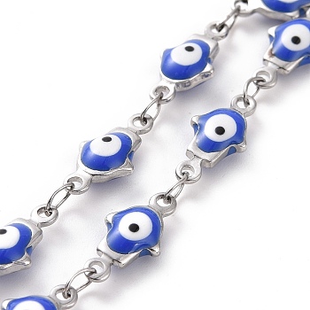 Enamel Hamsa Hand with Evil Eye Link Chains, with 304 Stainless Steel Findings, Stainless Steel Color, Unwelded, with Spool, Royal Blue, 11.5x5.5x3.5mm