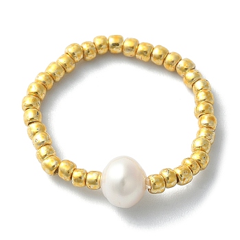 Natural Pearl & TOHO Round Seed Braided Bead Style Finger Ring, Round, Inner Diameter: 16mm, Round: 5.6mm
