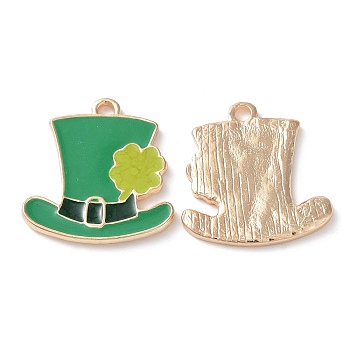 Alloy Pendants, with Enamel, Light Gold, Hat with Clover Charms, for Saint Patrick's Day, Medium Sea Green, 22.5x21.5x2mm, Hole: 2mm
