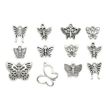 Tibetan Style Alloy Pendants, Butterfly, Mixed Style, Antique Silver, 10~75x10~47x1~3mm, Hole: 1~5mm