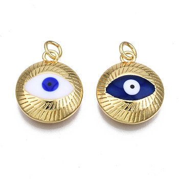 Brass Enamel Pendants, with Jump Rings, Cadmium Free & Nickel Free & Lead Free, Real 16K Gold Plated, Light Gold, Flat Round with Eye, Mixed Color, 18.5x16x6mm, Jump Ring: 5x1mm, 3mm inner diameter