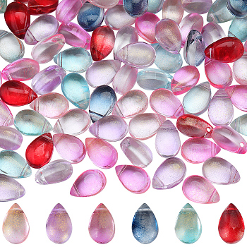 150Pcs 6 Colors Transparent Glass Beads, with Glitter Gold Powder, Top Drilled, Teardrop, Mixed Color, 9x6x5mm, Hole: 1mm, 25Pcs/color