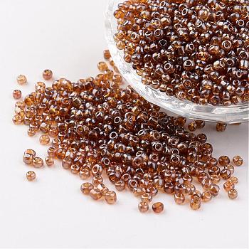 Round Glass Seed Beads, Trans. Colours Lustered, Dark Goldenrod, Size: about 3mm in diameter, hole: 1mm, about 1097pcs/50g