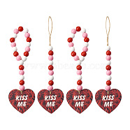 4Pcs 2 Style Valentine's Day Theme Schima Wood Beads & Hemp Rope Pendants Decorations, with Heart & Word TRUE LOVE, Red, 260~295mm, 2pcs/style(HJEW-EL0001-10B)