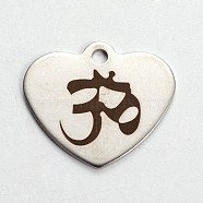 Stainless Steel Heart Pendants, with Aum/Om Symbol Pattern, Stainless Steel Color, 21x24x1mm, Hole: 2mm(STAS-L165-E11)