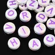 UV Plating Enamel Acrylic Beads, Iridescent, Mixed Letter, Flat Round, Orchid, 15x7mm, Hole: 2.2mm(PACR-N015-01B)