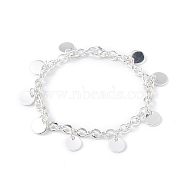 304 Stainless Steel Flat Round Charm Bracelets with Cable Chains for Women, Silver, 7-3/8 inch(18.7cm)(BJEW-G669-25S)