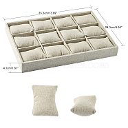 Wood Covered with Imitation Burlap Jewelry Bracelet Displays, 12 Grids Pillows Without Lid Tray Jewelry Storage Holder, Rectangle, Tan, 353x243x41mm(BDIS-YW0001-01)