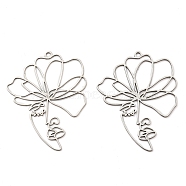 201 Stainless Steel Pendants, Laser Cut, Flower Charm, Stainless Steel Color, 44x34x1mm, Hole: 1.8mm(STAS-M318-02P)