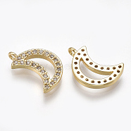 Cubic Zirconia Charms, with Brass Findings, Moon, Clear, Real 18K Gold Plated, 14x9.5x1.5mm, Hole: 1mm(KK-S348-150)